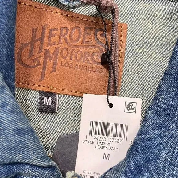 Heroes Motors Legendary Denim Jean Motorcycle Jacket Mens size Medium New - Picture 10 of 11